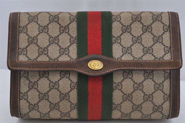 Authentic GUCCI Web Sherry Line Clutch Hand Bag GG PVC Leather Brown Junk 3813J