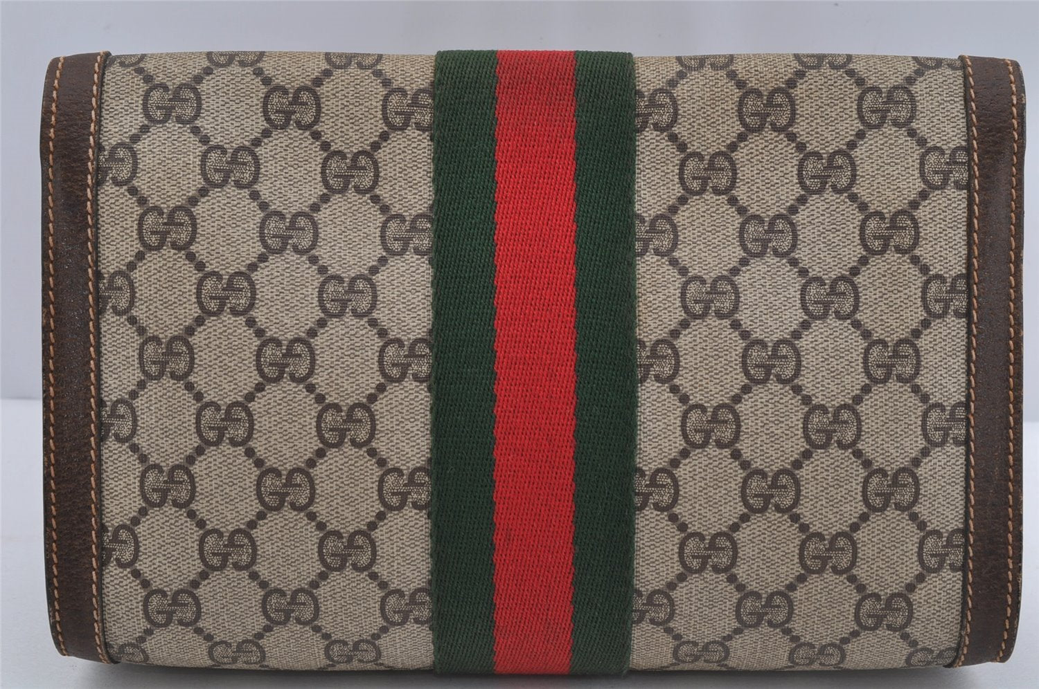 Authentic GUCCI Web Sherry Line Clutch Hand Bag GG PVC Leather Brown Junk 3813J
