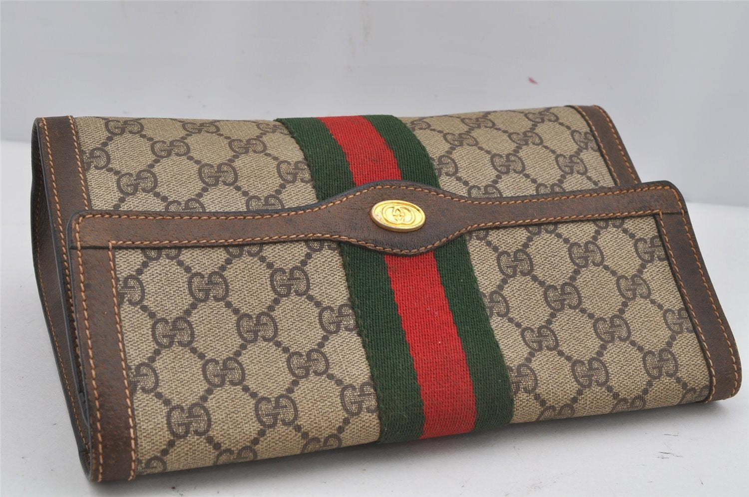Authentic GUCCI Web Sherry Line Clutch Hand Bag GG PVC Leather Brown Junk 3813J
