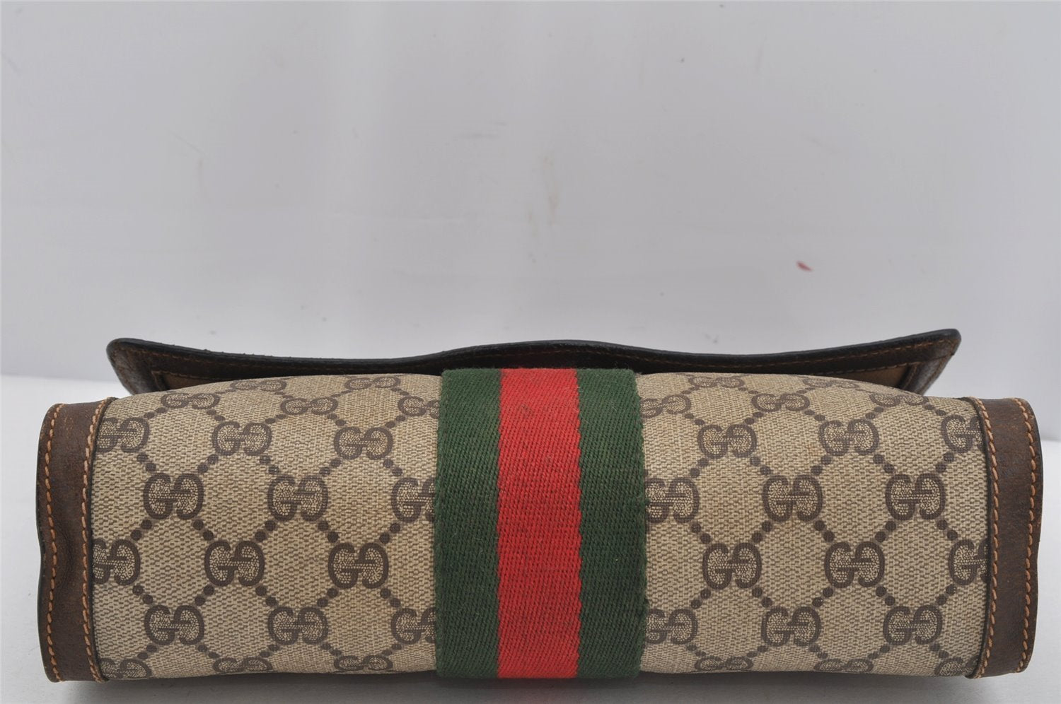 Authentic GUCCI Web Sherry Line Clutch Hand Bag GG PVC Leather Brown Junk 3813J