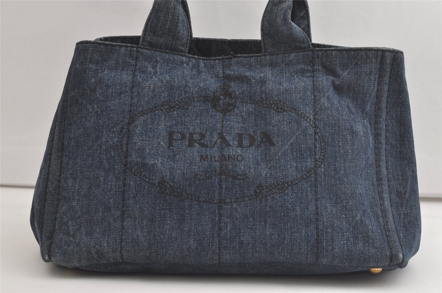 Authentic PRADA Vintage Canapa M Denim Tote Hand Bag Blue 3814K