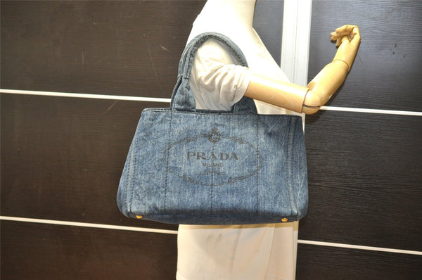 Authentic PRADA Vintage Canapa M Denim Tote Hand Bag Blue 3814K