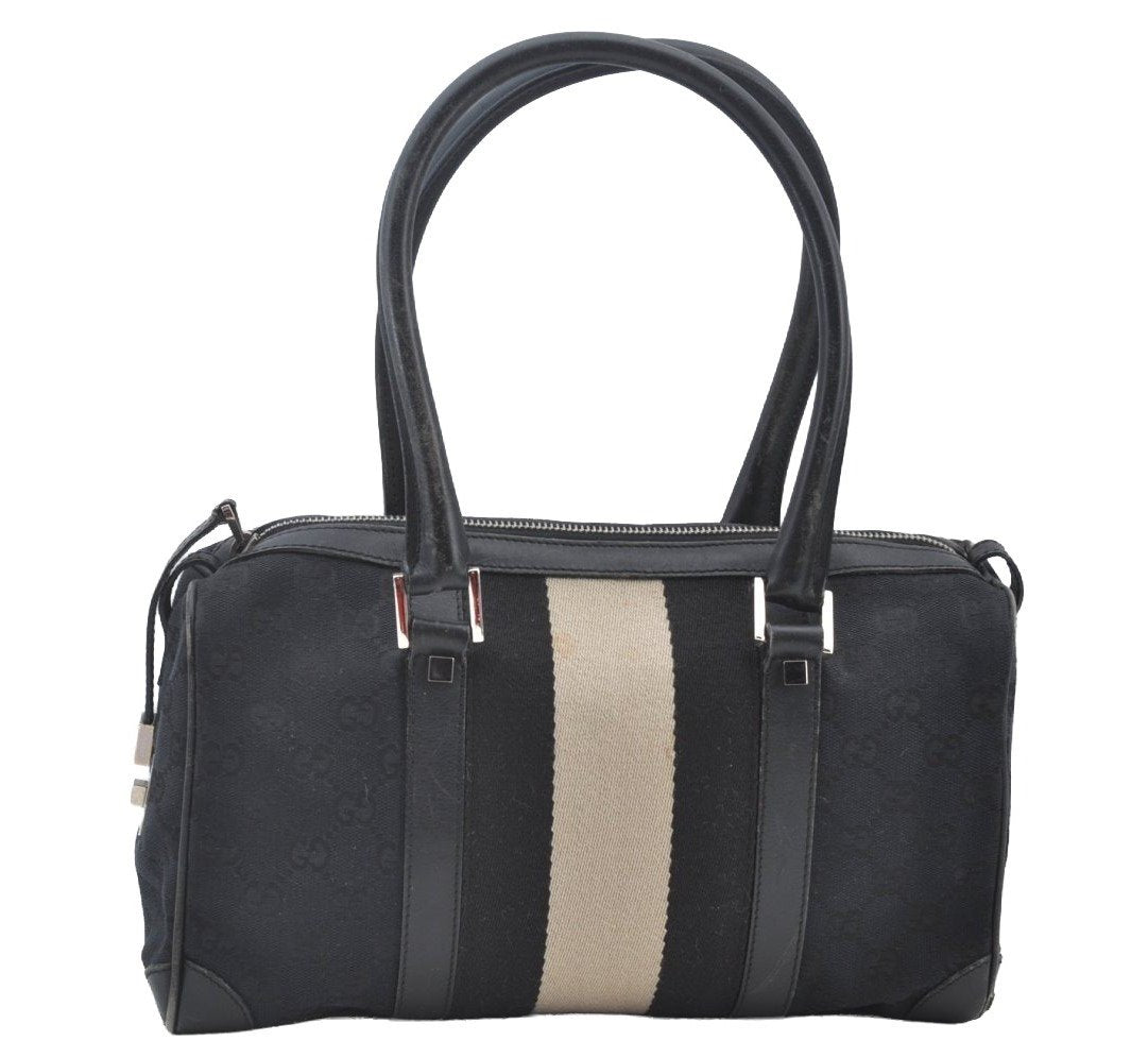 Authentic GUCCI Sherry Line Hand Boston Bag Purse GG Canvas Leather Black 3816J