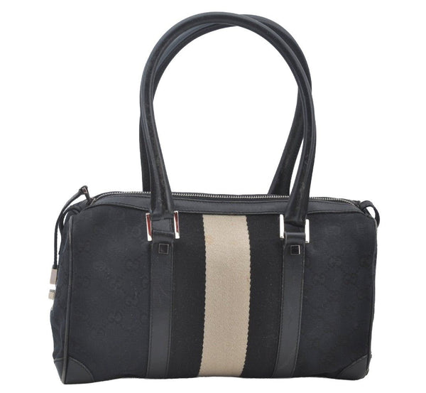 Authentic GUCCI Sherry Line Hand Boston Bag Purse GG Canvas Leather Black 3816J