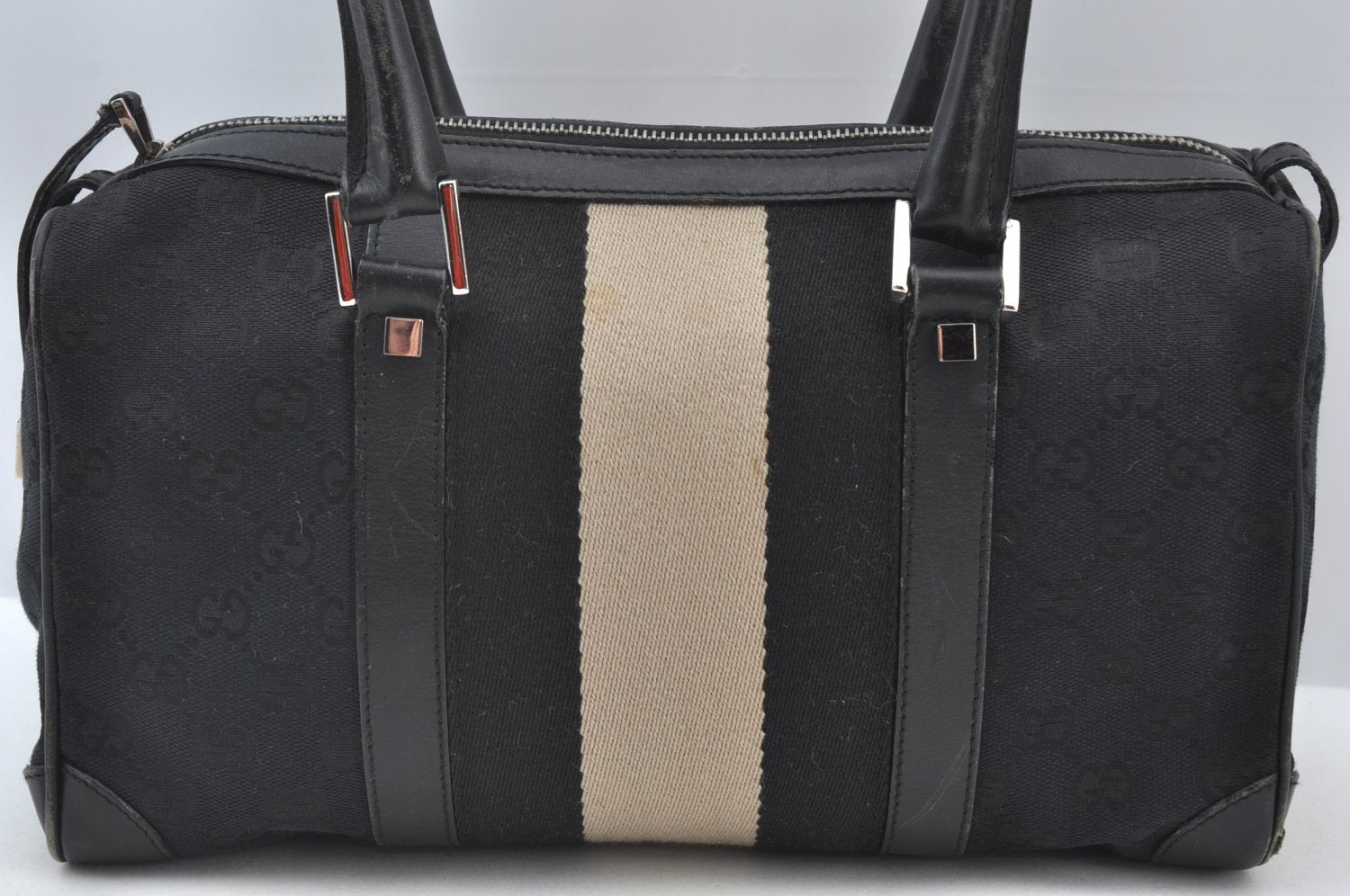 Authentic GUCCI Sherry Line Hand Boston Bag Purse GG Canvas Leather Black 3816J