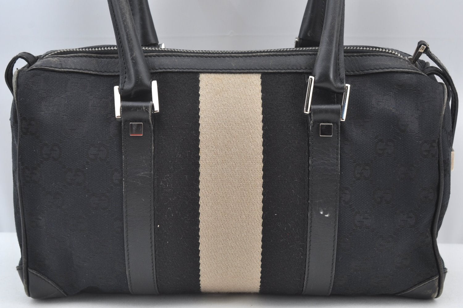 Authentic GUCCI Sherry Line Hand Boston Bag Purse GG Canvas Leather Black 3816J