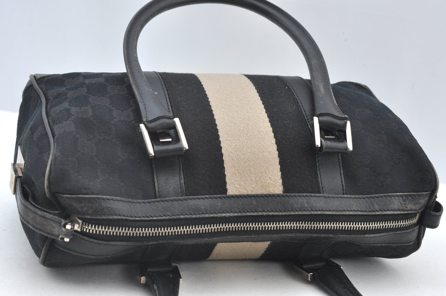 Authentic GUCCI Sherry Line Hand Boston Bag Purse GG Canvas Leather Black 3816J