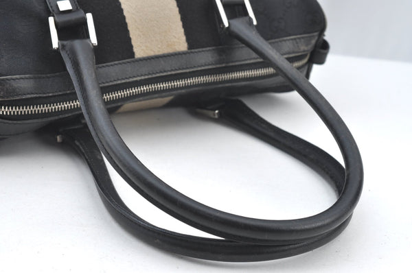 Authentic GUCCI Sherry Line Hand Boston Bag Purse GG Canvas Leather Black 3816J