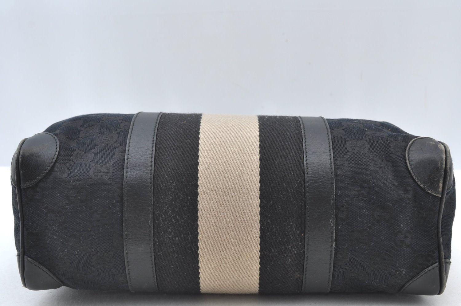Authentic GUCCI Sherry Line Hand Boston Bag Purse GG Canvas Leather Black 3816J