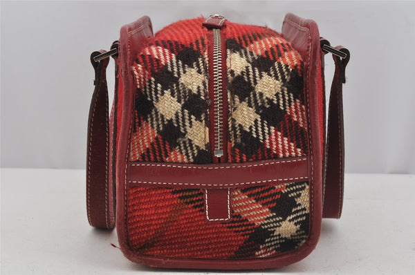 Authentic BURBERRY BLUE LABEL Check Hand Boston Bag Purse Knit Leather Red 3818J