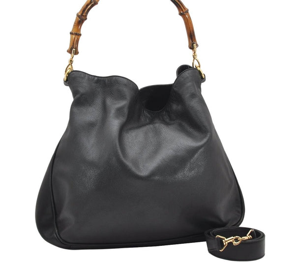 Authentic GUCCI Vintage Bamboo 2Way Shoulder Hand Bag Leather Black Junk 3822K