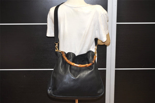 Authentic GUCCI Vintage Bamboo 2Way Shoulder Hand Bag Leather Black Junk 3822K