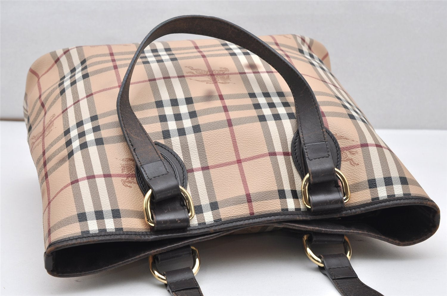 Authentic BURBERRY Vintage Nova Check Shoulder Tote Bag PVC Leather Beige 3823K