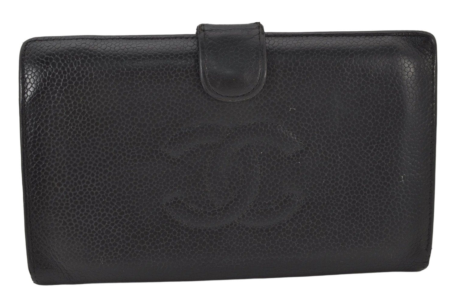 Authentic CHANEL Caviar Skin CC Logo Long Bifold Wallet Purse Black 3830K