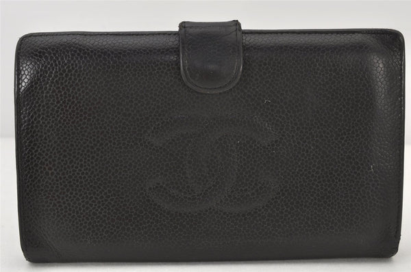 Authentic CHANEL Caviar Skin CC Logo Long Bifold Wallet Purse Black 3830K