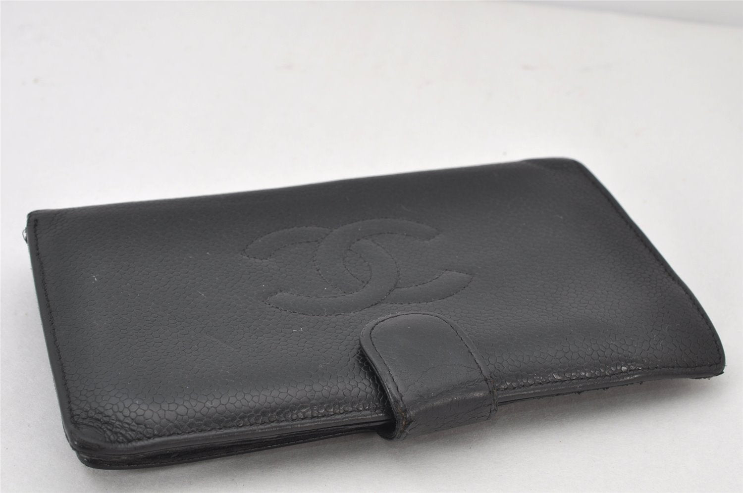 Authentic CHANEL Caviar Skin CC Logo Long Bifold Wallet Purse Black 3830K