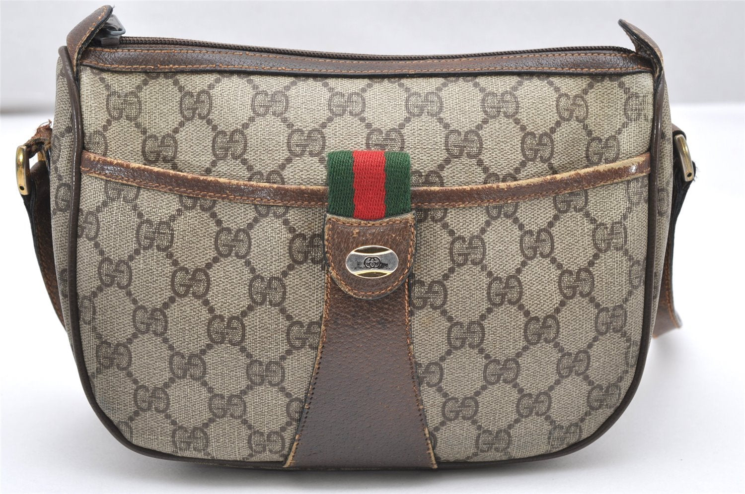 Authentic GUCCI Web Sherry Line Shoulder Cross Bag GG PVC Leather Brown 3831K