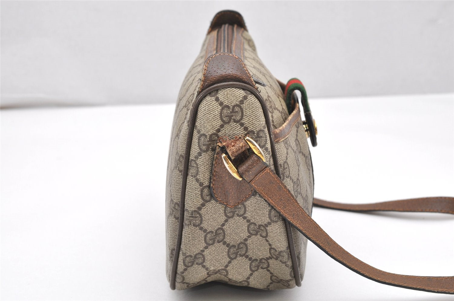 Authentic GUCCI Web Sherry Line Shoulder Cross Bag GG PVC Leather Brown 3831K