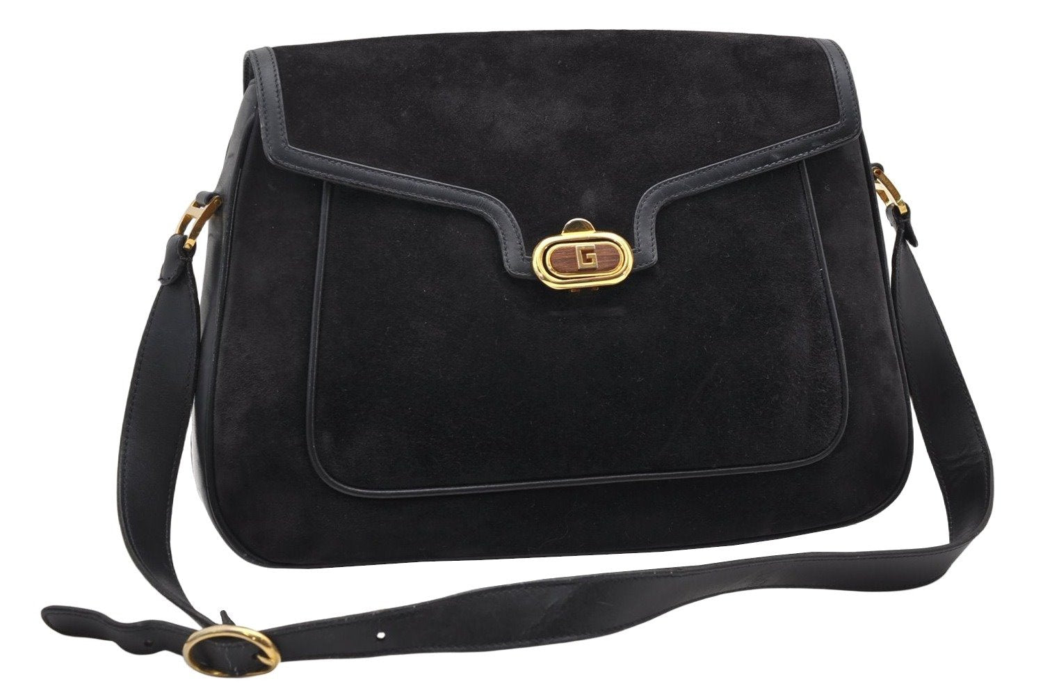 Authentic GUCCI Shoulder Hand Bag Purse Suede Leather Navy Blue 3834K