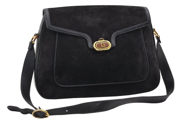 Authentic GUCCI Shoulder Hand Bag Purse Suede Leather Navy Blue 3834K