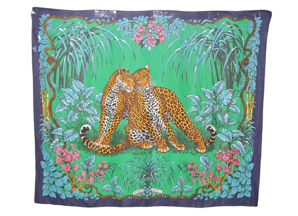 Authentic HERMES Vintage Stole Scarf "JUNGLE LOVE" Cotton Blue 3837K