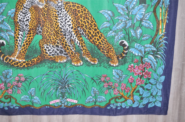 Authentic HERMES Vintage Stole Scarf "JUNGLE LOVE" Cotton Blue 3837K