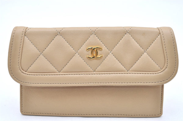 Authentic CHANEL Calf Skin Matelasse Vintage Pouch Purse Beige Box 3839K