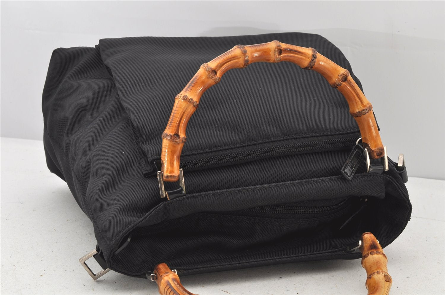 Authentic GUCCI Bamboo 2Way Shoulder Hand Bag Purse Nylon Leather Black 3848K