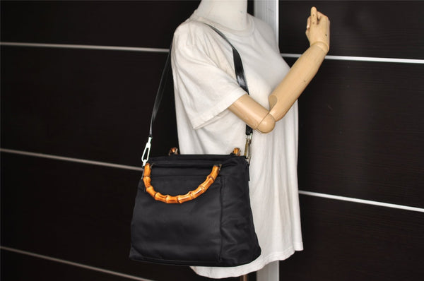 Authentic GUCCI Bamboo 2Way Shoulder Hand Bag Purse Nylon Leather Black 3848K