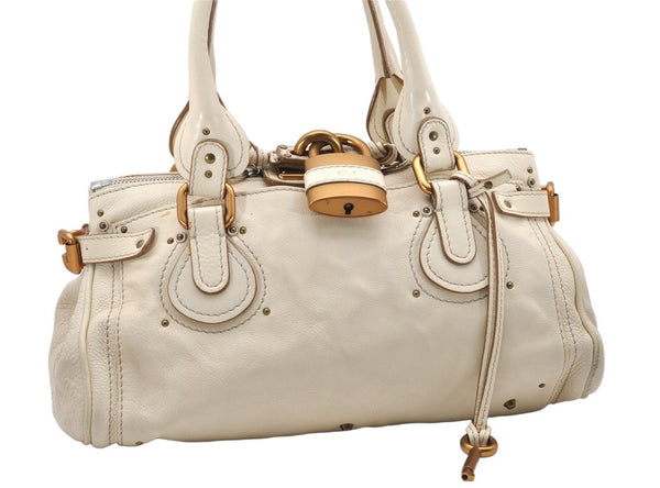 Authentic Chloe Vintage Paddington Leather Shoulder Hand Bag White 3851K