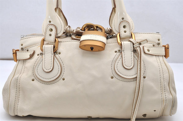 Authentic Chloe Vintage Paddington Leather Shoulder Hand Bag White 3851K