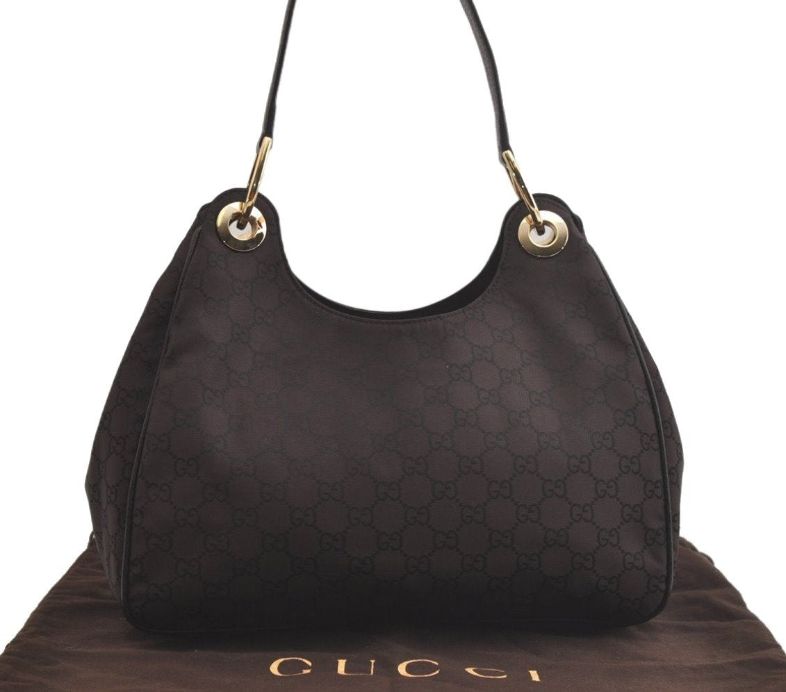 Authentic GUCCI Shoulder Hand Bag Purse GG Nylon Leather 257265 Brown  3852K