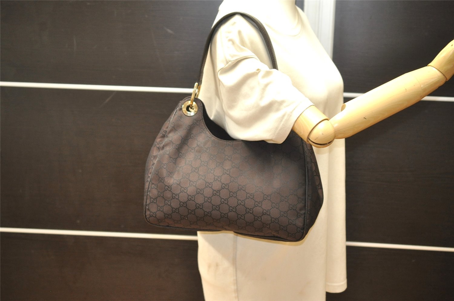 Authentic GUCCI Shoulder Hand Bag Purse GG Nylon Leather 257265 Brown  3852K