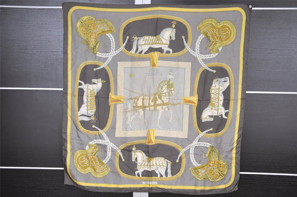 Authentic HERMES Carre 90 Scarf "GRAND APPARAT" Silk Gray 3854I