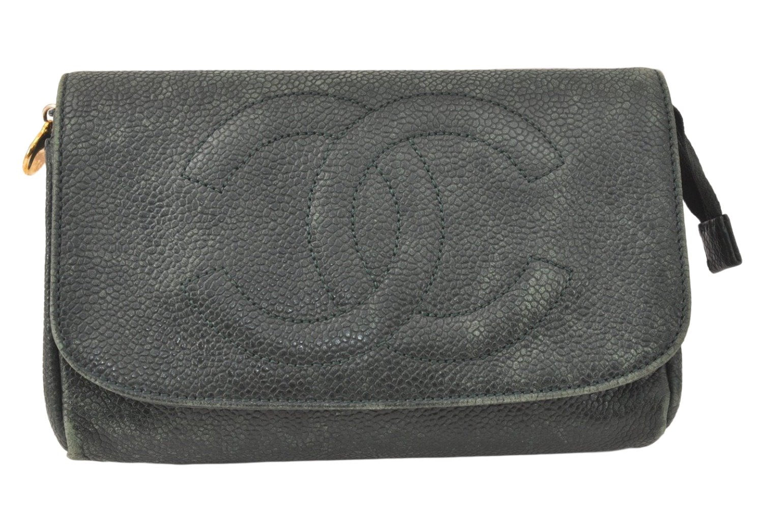Authentic CHANEL Caviar Skin CC Logo Cosmetic Pouch Purse Green 3857K