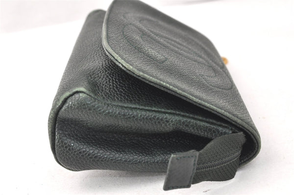Authentic CHANEL Caviar Skin CC Logo Cosmetic Pouch Purse Green 3857K