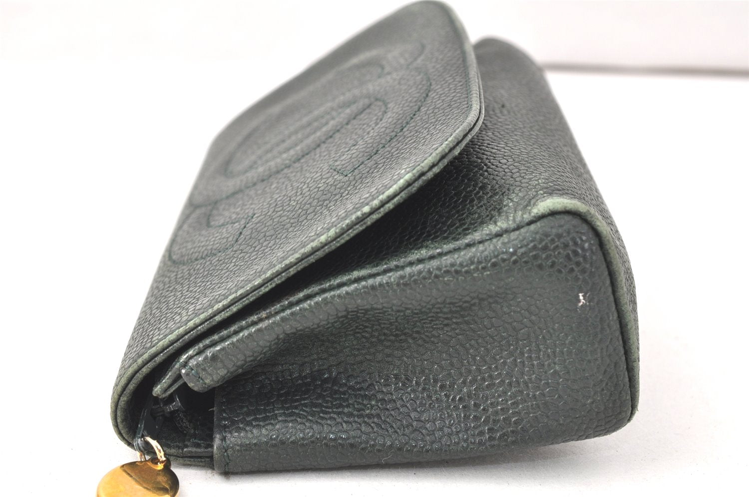 Authentic CHANEL Caviar Skin CC Logo Cosmetic Pouch Purse Green 3857K
