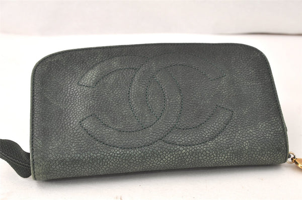 Authentic CHANEL Caviar Skin CC Logo Cosmetic Pouch Purse Green 3857K