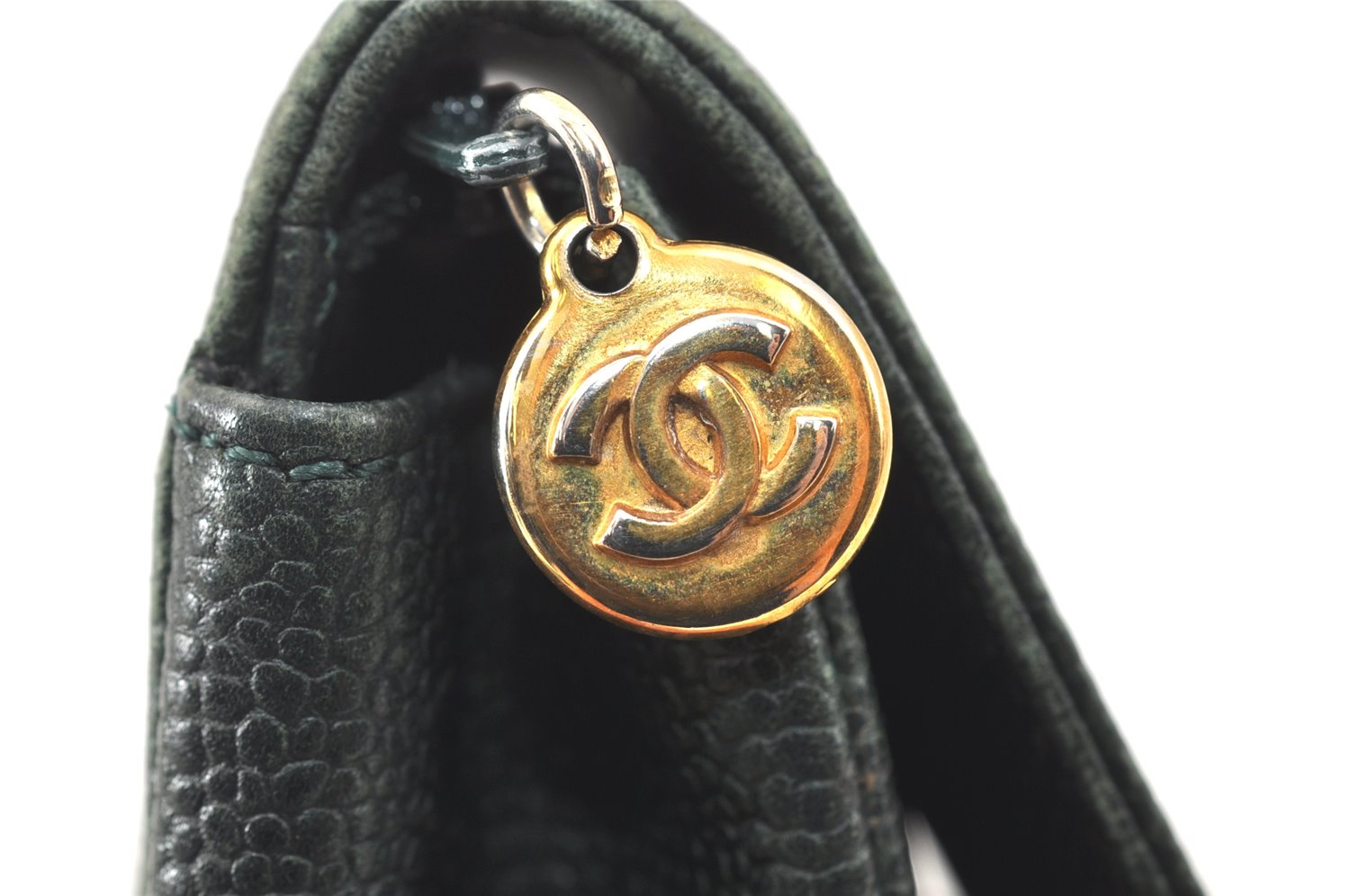 Authentic CHANEL Caviar Skin CC Logo Cosmetic Pouch Purse Green 3857K