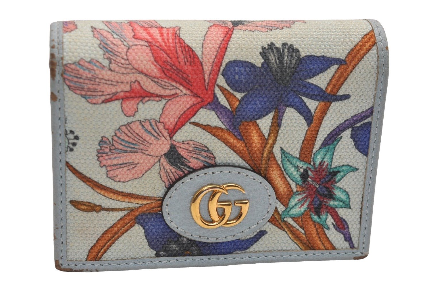 Authentic GUCCI Flora GG Marmont Bifold Wallet Canvas Leather 577347 Blue 3862J