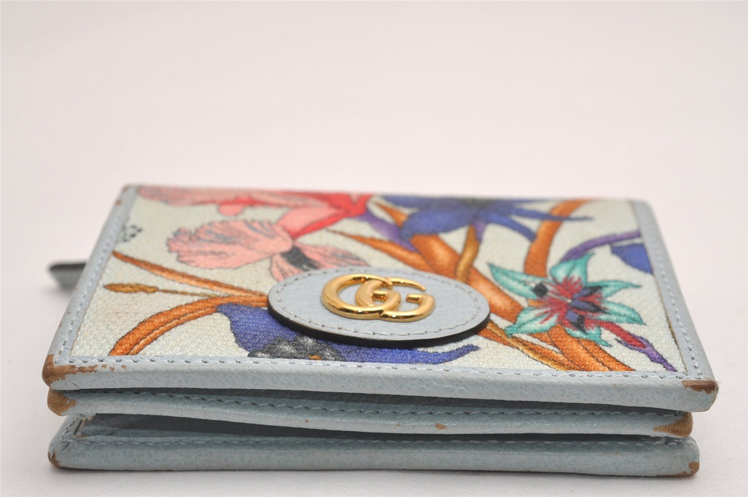 Authentic GUCCI Flora GG Marmont Bifold Wallet Canvas Leather 577347 Blue 3862J