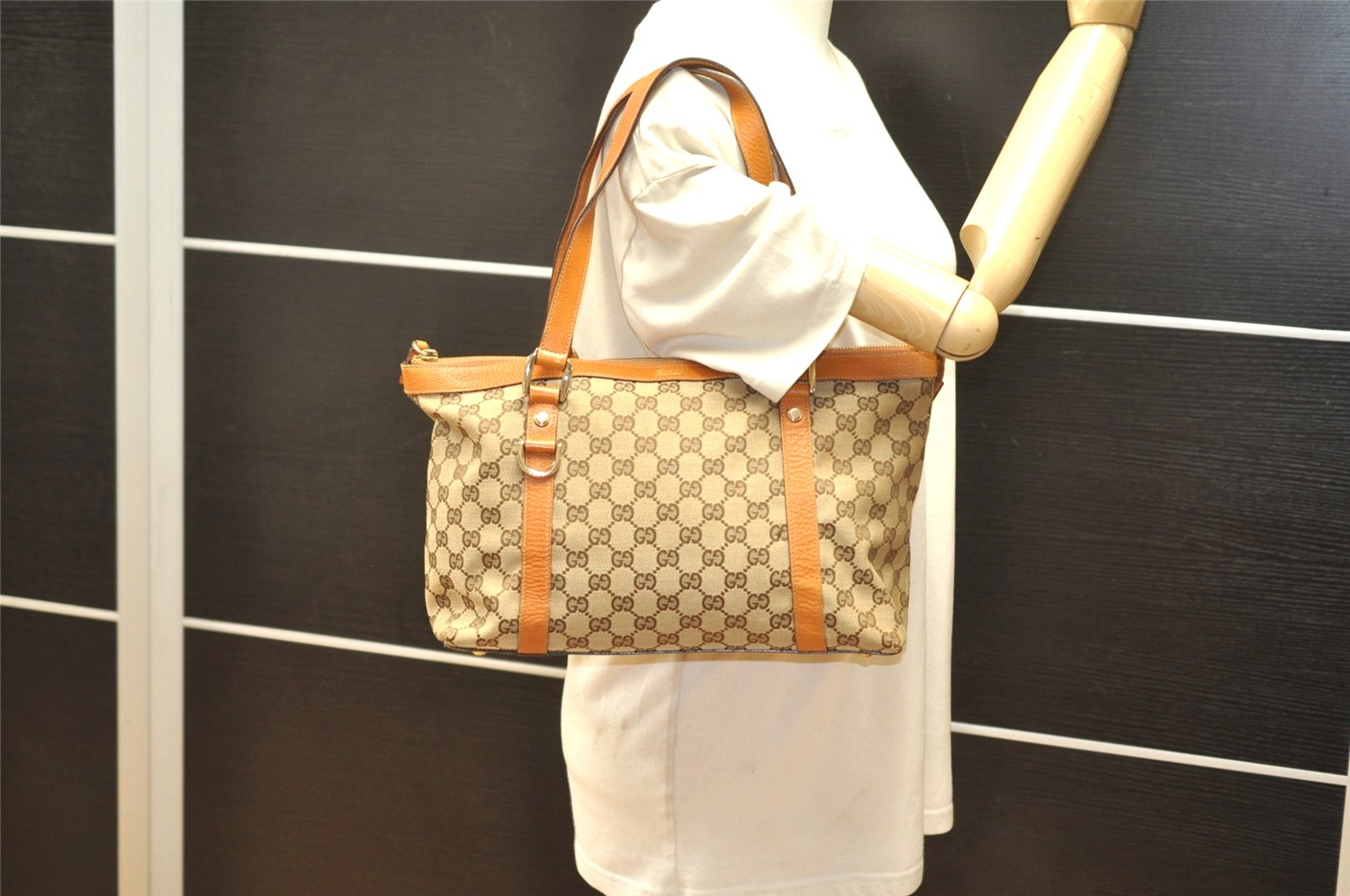 Authentic GUCCI Abbey Shoulder Tote Bag GG Canvas Leather 141470 Brown 3863K