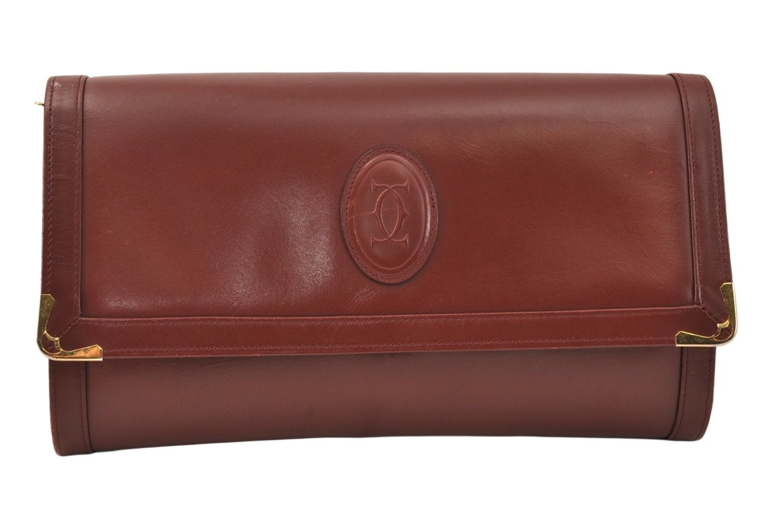 Auth Cartier Must de Cartier 2Way Shoulder Clutch Bag Leather Bordeaux 3867K