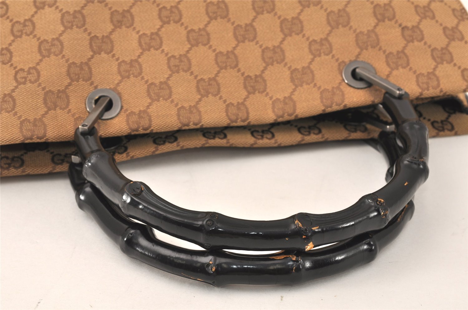 Authentic GUCCI Bamboo Vintage Hand Bag GG Canvas Leather 0021010 Brown 3869K