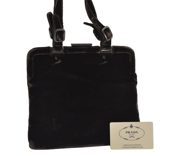 Authentic PRADA Velluto Fibbie Velour Shoulder Hand Bag Purse B7645 Brown 3874J