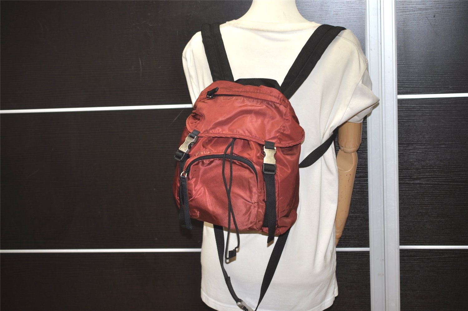 Authentic PRADA Nylon Tessuto Montagn Drawstring Backpack Bordeaux Red 3876J