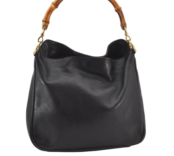 Authentic GUCCI Bamboo Vintage Shoulder Bag Purse Leather Black Junk 3877K