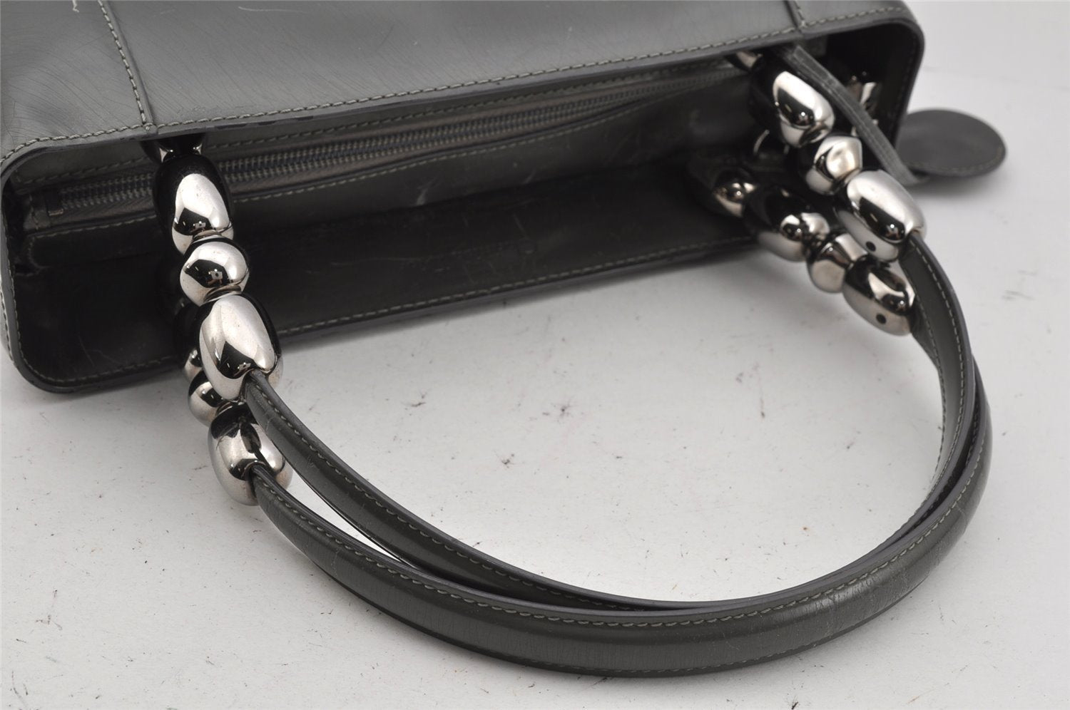 Authentic Christian Dior Maris Pearl 2Way Shoulder Tote Bag Enamel Gray 3880J