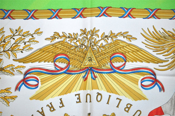 Auth HERMES Carre 90 Scarf "1789 LIBERTE EGALITE" Silk Light Green Box 3881J