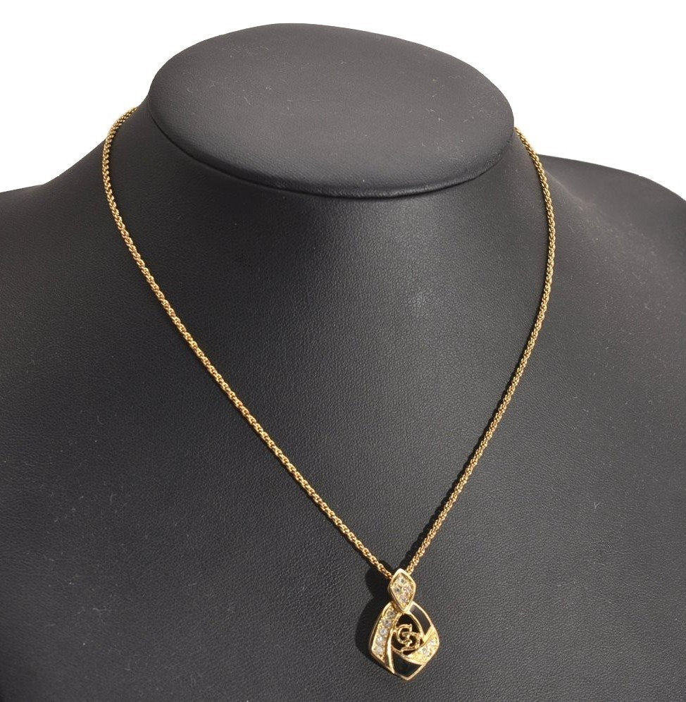 Authentic Christian Dior Gold Tone Chain Rhinestone Pendant Necklace CD 3884J